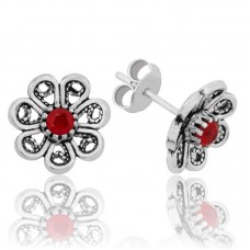 Gümüş Kırmızı Telkari Çiçek Çivili Küpe