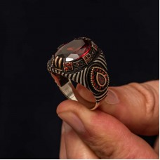 Gümüş Kırmızı Fasetli Taşlı Erkek Yüzük