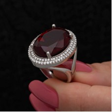 Gümüş Kırmızı Oval Taşlı Kadın Yüzük