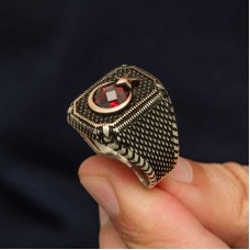 Gümüş Kırmızı Taşlı Ay Yıldız Erkek Yüzük