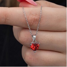 Gümüş Kırmızı Taşlı Kalpli Kadın Kolye