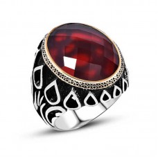 Gümüş Kırmızı Zirkon Taşlı Erkek Yüzük