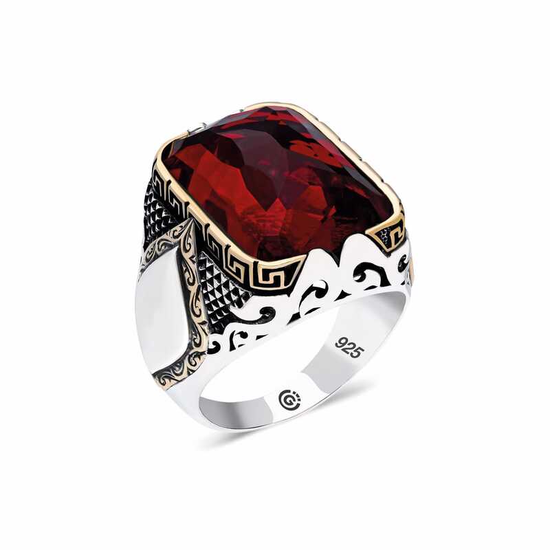 Gümüş Kırmızı Zirkon Taşlı Kare Erkek Yüzük Gümüş Kırmızı Zirkon Taşlı Kare Erkek Yüzük