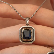 Gümüş Lacivert Taşlı Dikdörtgen Kadın Kolye