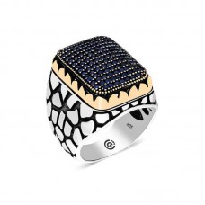 Gümüş Lacivert Zirkon Taşlı Kare Erkek Yüzük