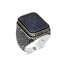 Gümüş Lacivert Zirkon Taşlı Kare Erkek Yüzük