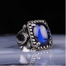 Gümüş Lacivert Zirkon Taşlı Kare Erkek Yüzük