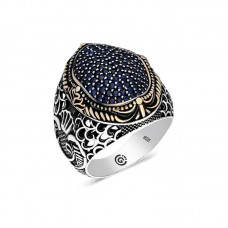 Gümüş Lacivert Zirkon Taşlı Oval Erkek Yüzük