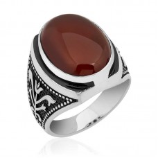 Gümüş Lale işlemeli Akik Yüzük