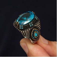 Gümüş Mavi Fasetli Taşlı Erkek Yüzük