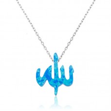 Gümüş Mavi Opal Taşlı Allah Yazılı Bayan Kolye