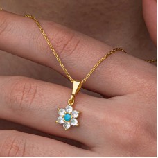 Gümüş Mavi Taşlı Gold Çiçek Kadın Kolye