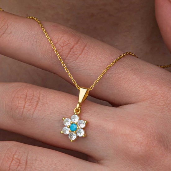 Gümüş Mavi Taşlı Gold Çiçek Kadın Kolye Gümüş Mavi Taşlı Gold Çiçek Kadın Kolye