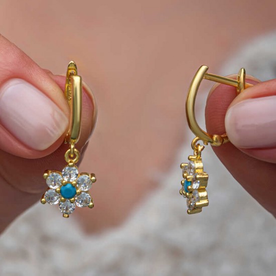 Gümüş Mavi Taşlı Gold Çiçek Kadın Küpe