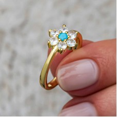 Gümüş Mavi Taşlı Gold Çiçek Kadın Yüzük
