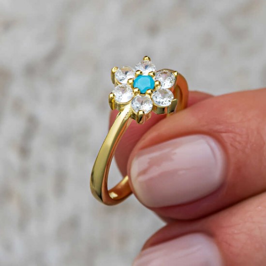 Gümüş Mavi Taşlı Gold Çiçek Kadın Yüzük