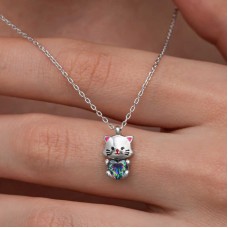 Gümüş Mistik Topaz Taşlı Sevimli Kedi Kolye