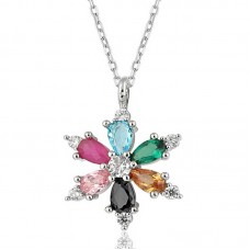 Gümüş Mix Taşlı Lotus Çiçeği Kadın Kolye