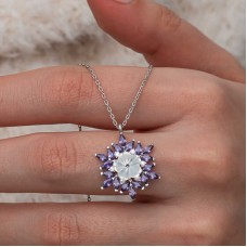 Gümüş Mor Lotus Desenli Çiçek Kadın Kolye