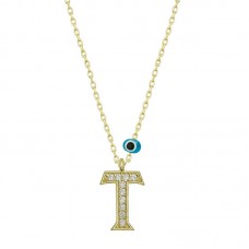 Gümüş Nazar Gold T Harfi Kadın Kolye