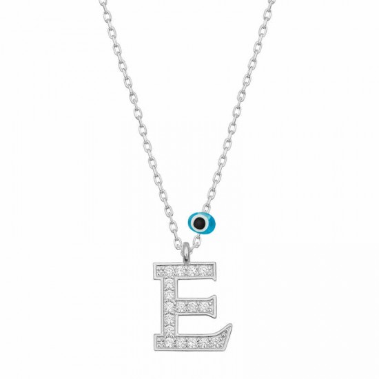 Gümüş Nazar Rodyum E Harfi Kadın Kolye