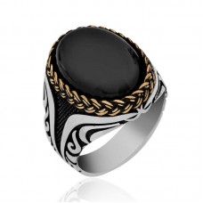 ​Gümüş Oniks Taşlı Desenli Erkek Yüzük