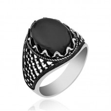 ​Gümüş Oniks Taşlı Desenli Erkek Yüzük