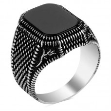 ​Gümüş Oniks Taşlı Desenli Erkek Yüzük