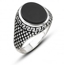 ​Gümüş Oniks Taşlı Desenli Erkek Yüzük