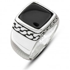 ​Gümüş Oniks Taşlı Desenli Erkek Yüzük