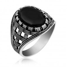 ​Gümüş Oniks Taşlı Örgü Desenli Erkek Yüzük