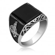 Gümüş Oniks Taşlı Tuğra Erkek Yüzük