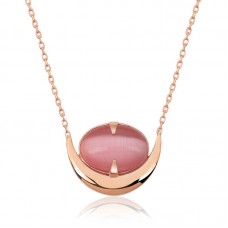 Gümüş Pembe Kedi Gözü Taşlı Hilal Kolye