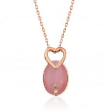 ​Gümüş Pembe Kedi Gözü Taşlı Kalp Kolye