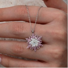 Gümüş Pembe Lotus Desenli Çiçek Kadın Kolye