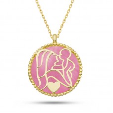 Gümüş Gold Pembe Sedef Taşlı Anne Çocuk Sevgisi Kolye