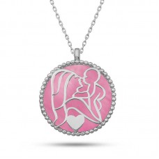 Gümüş Pembe Sedef Taşlı Anne Çocuk Sevgisi Kolye
