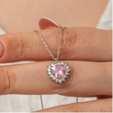 Gümüş Pembe Taşlı Kalp Kadın Kolye