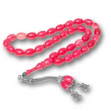 Gümüş Püsküllü Pembe Sıkma Kehribar Tesbih