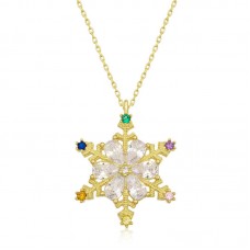 Gümüş Gold Renkli Taşlı Kar Tanesi Kadın Kolye