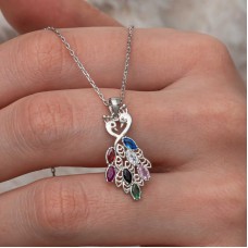 Gümüş Renkli Taşlı Tavus Kuşu Kadın Kolye 