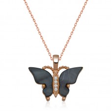 Gümüş Rose Antrasit Kaplangözü Taşlı Kelebek Kolye