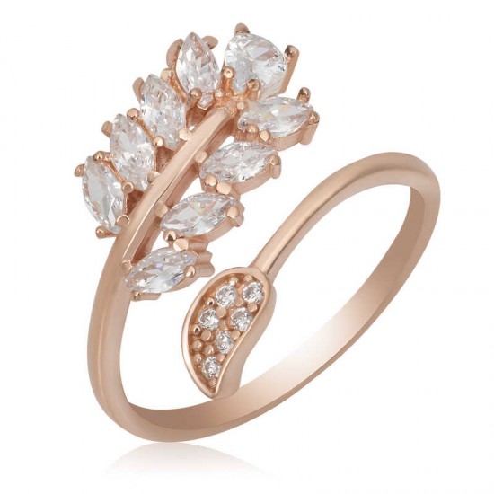 Gümüş Rose Ayarlanabilir Beyaz Taşlı Yaprak Kadın Yüzük Gümüş Rose Ayarlanabilir Beyaz Taşlı Yaprak Kadın Yüzük