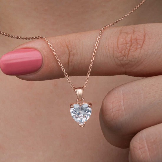 Gümüş Rose Beyaz Taşlı Kalpli Kadın Kolye Gümüş Rose Beyaz Taşlı Kalpli Kadın Kolye