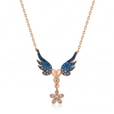 Gümüş Rose Çiçekli Kanatlı Kalpli Kolye