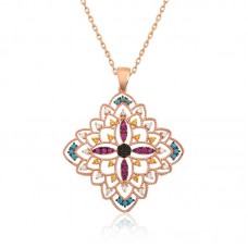 Gümüş Rose Etnik Desenli Madalyon Kolye