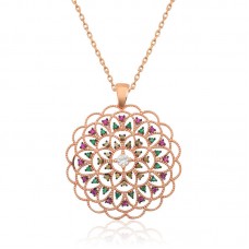 Gümüş Rose Geometrik Desenli Madalyon Kolye