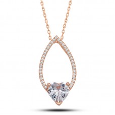 Gümüş Rose Kalp Beyaz Taşlı Damla Kadın Kolye