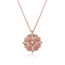 Gümüş Rose Kalp Yapraklı Çiçek Kolye