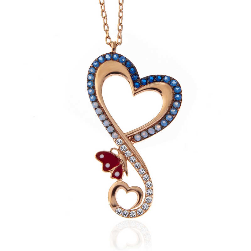 Gümüş Rose Kalpli Kelebek Kadın Kolye Gümüş Rose Kalpli Kelebek Kadın Kolye